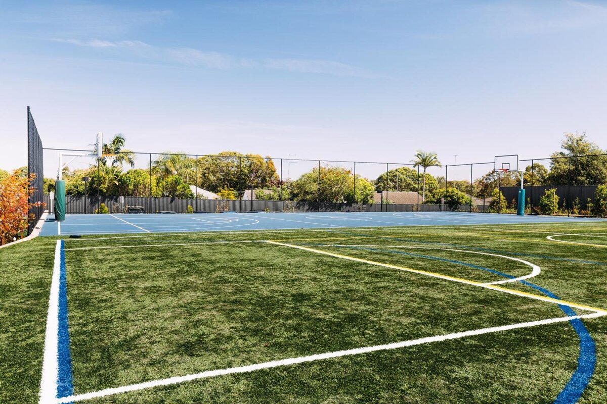 New sports field and landscaped green area at Marist Catholic College South Hurstville campus, completed by Serlana Construction.