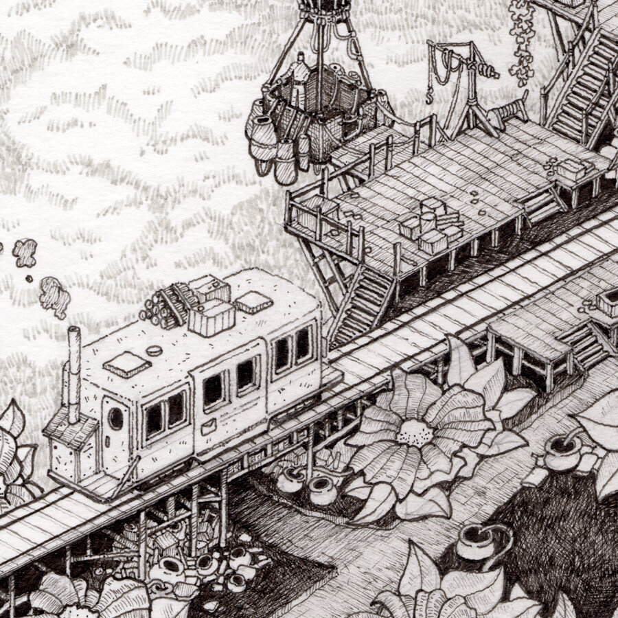 Close up of the train car approaching the Post Office Branch. Pen and ink illustration. Whimsical.