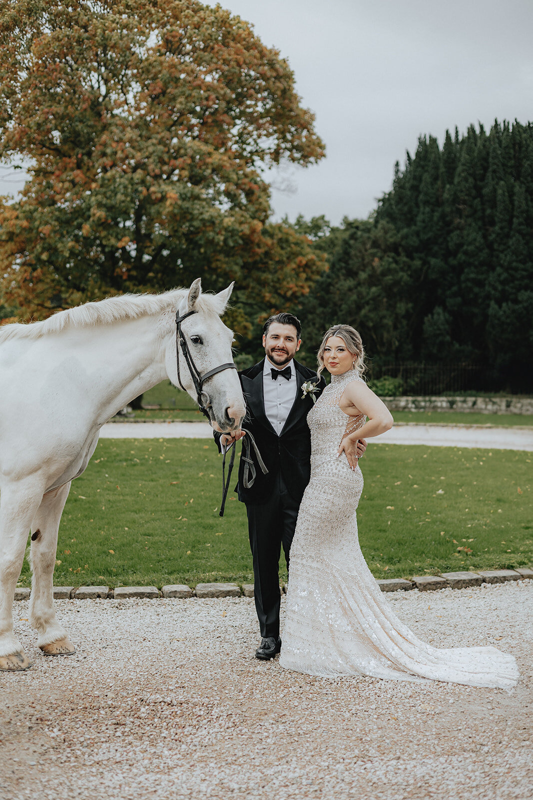 Bride and groom with white horse