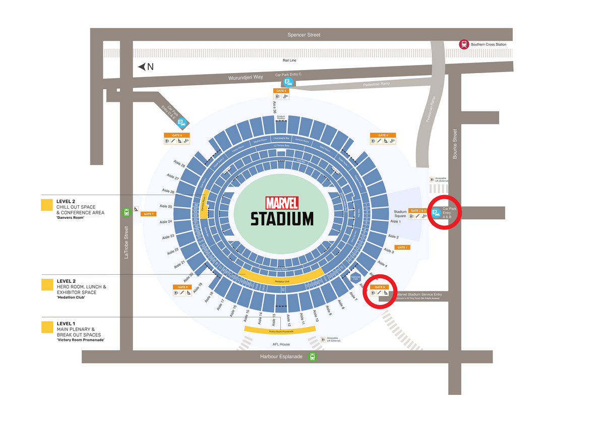 An illustrated map of Marvel Stadium, highlighting the event space and car park entry A & B.