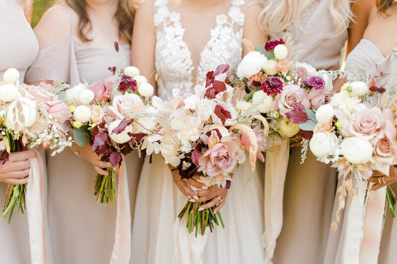 Close up of bouquets for bride and bridesmaids
