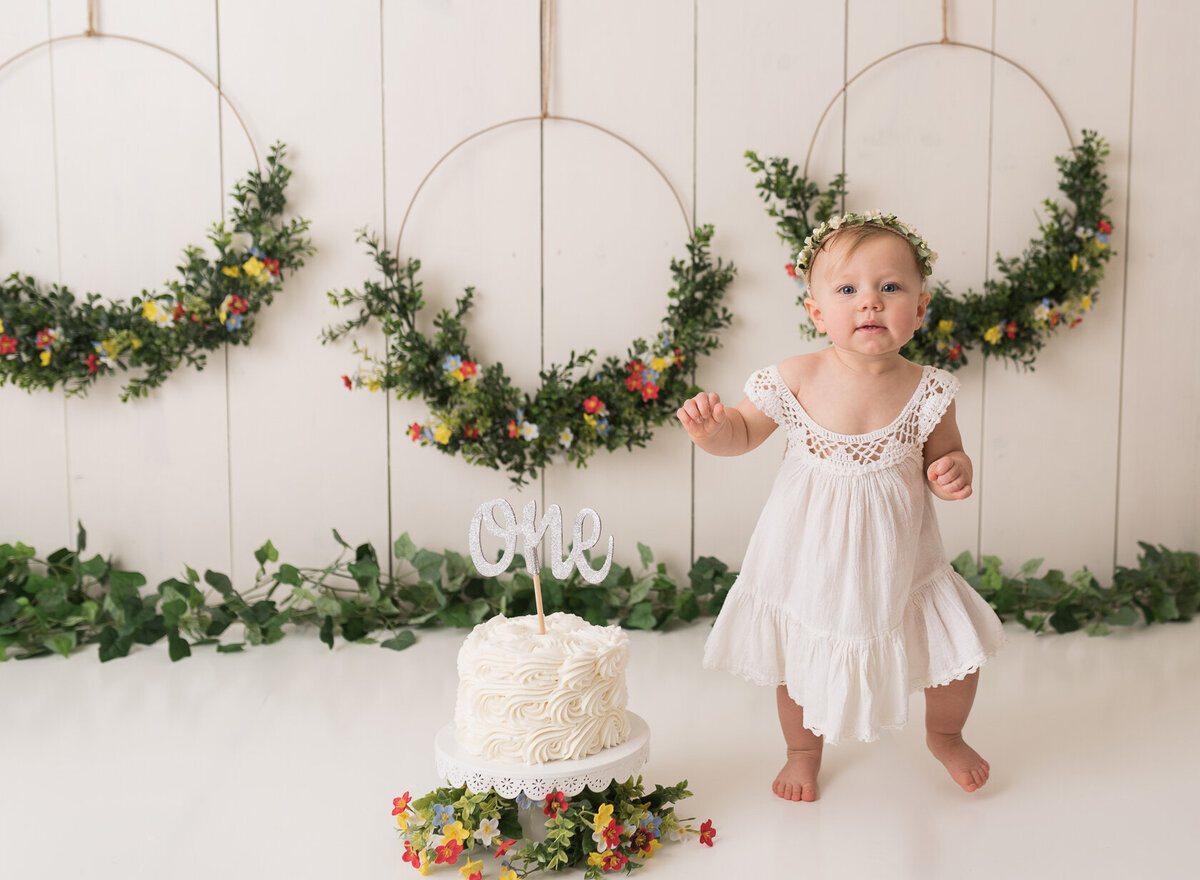 Newborn cake smash portrait in white background with green leaves