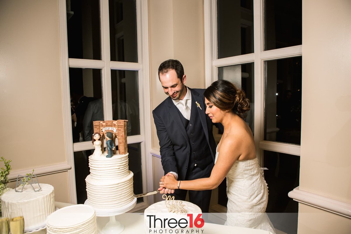 Bride and Groom slice into beautiful white 2-tiered wedding cake