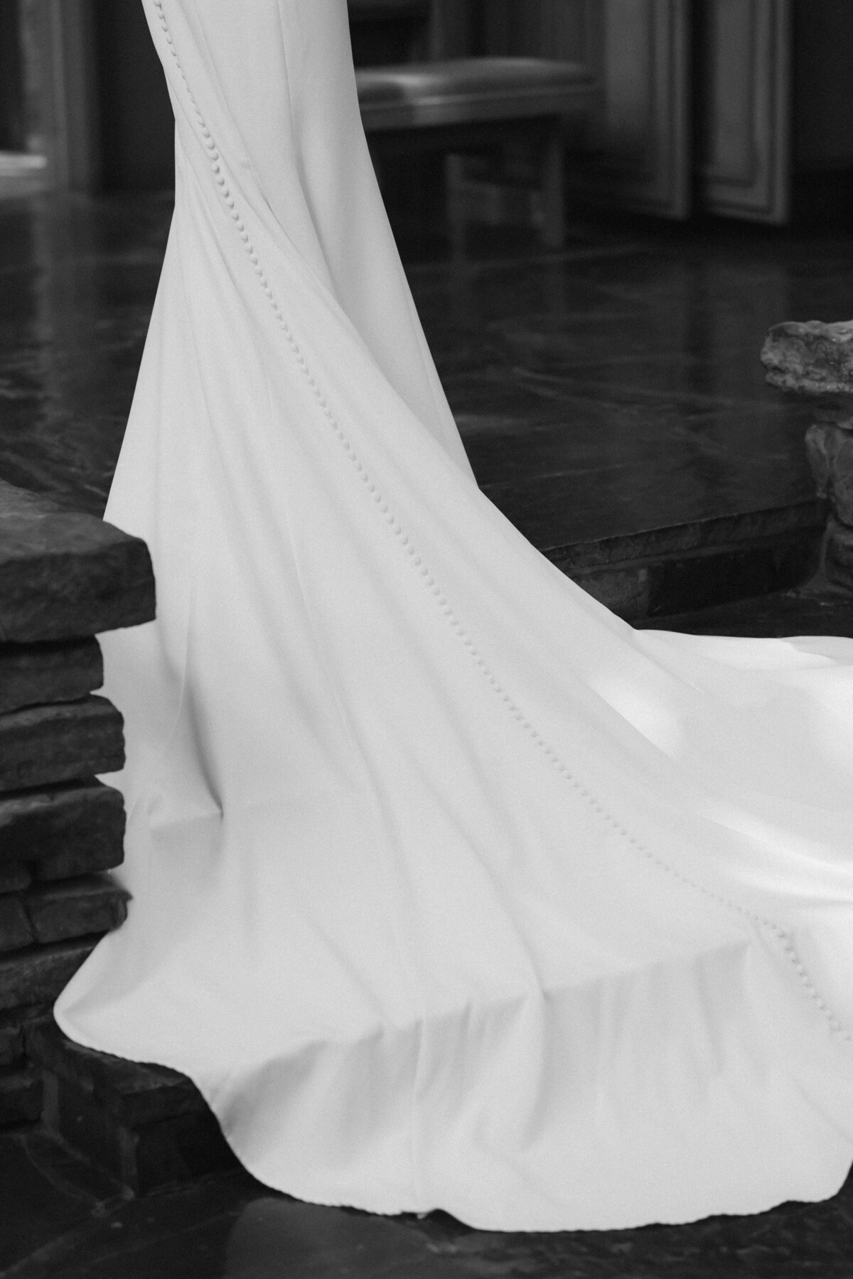 Elegant Bridal Train Detail Black and White Photo