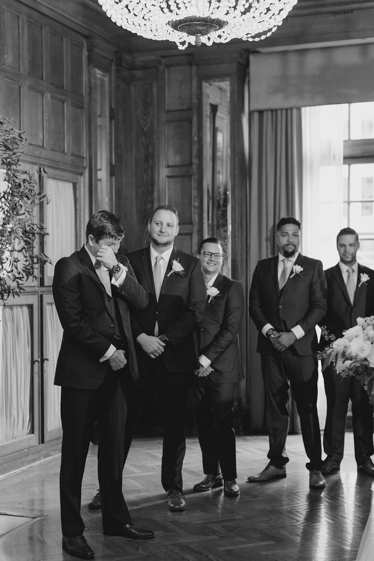 Ohio Wedding Photographer captures groom crying while watching his bride walk down the aisle at Columbus, Ohio wedding