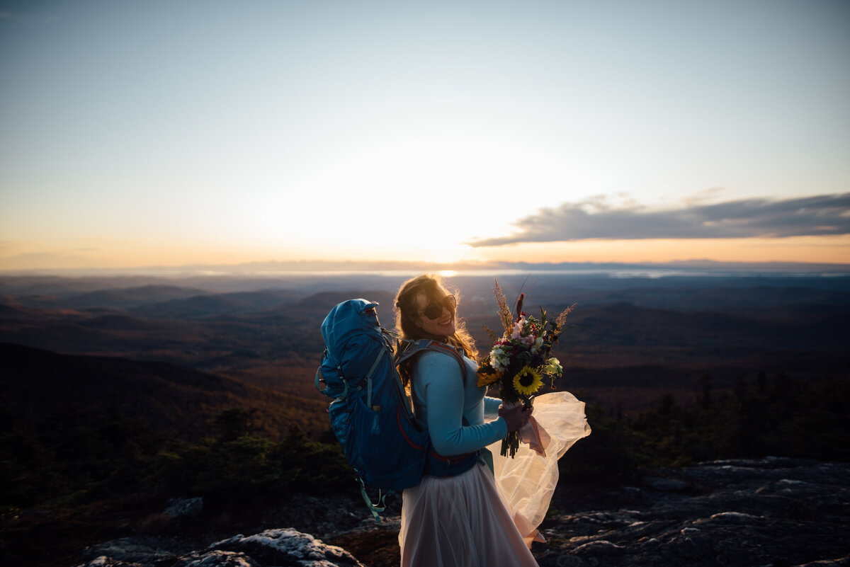 backpacking bride on top of mount mansfield