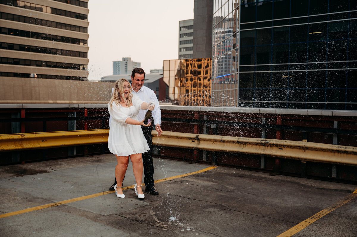 Romantic Champagne pop engagement session downtown Edmonton
