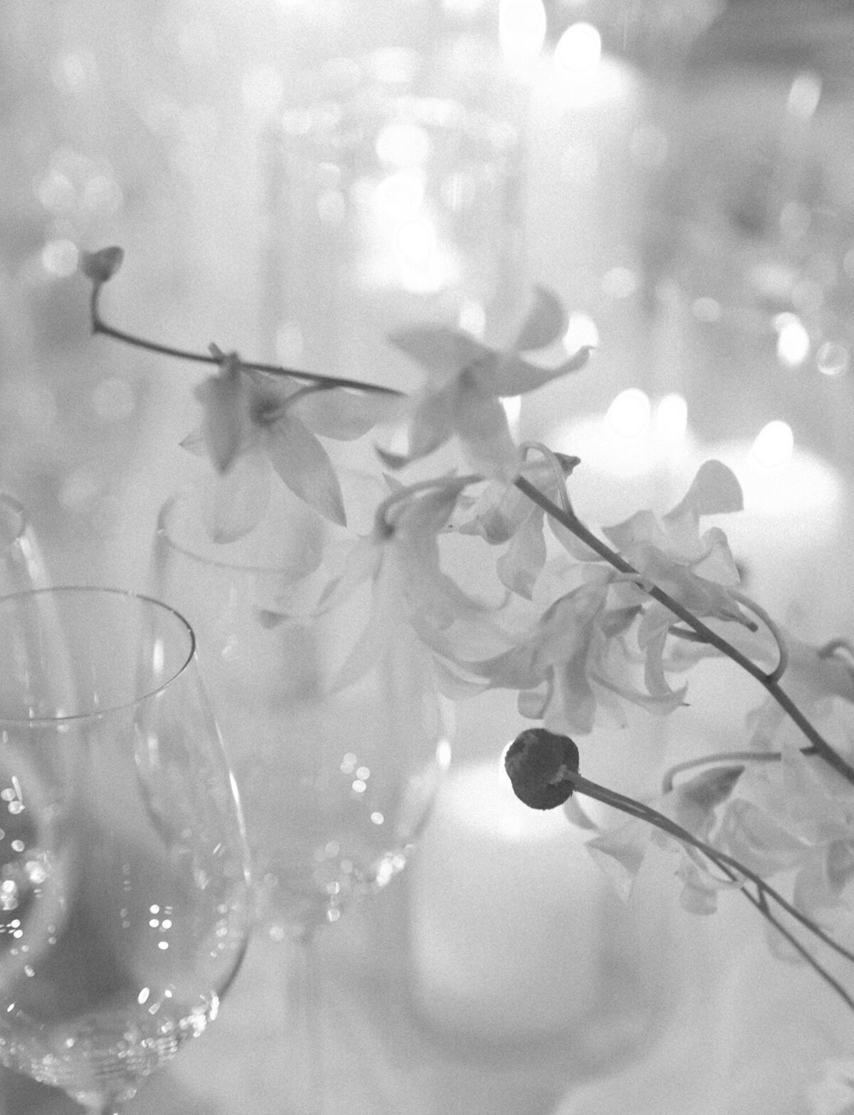 soft black and white detail of orchids and candlelight for a wedding at State Savings Bank, Detroit