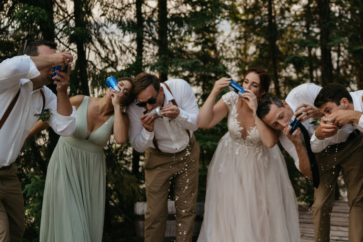 wedding party shotgunning beer