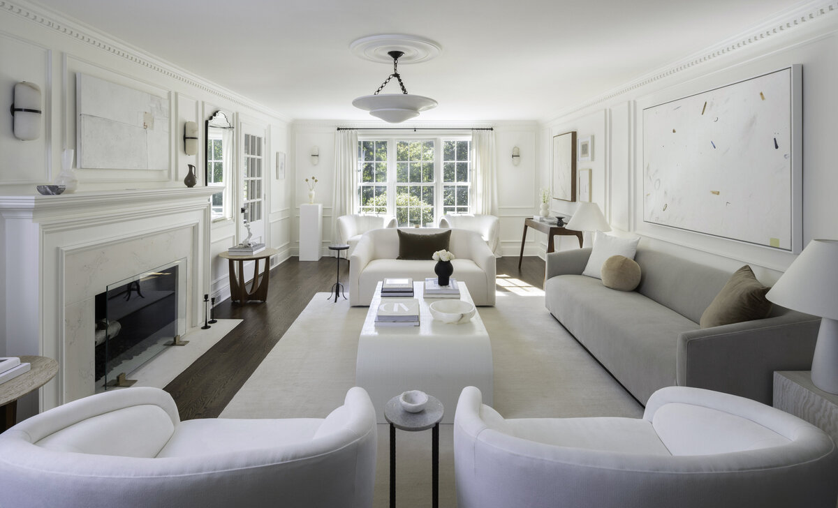 Luxury living room design by Deni + Dove Interiors, featuring sophisticated millwork, neutral tones, and timeless elegance. Serving Short Hills, Montclair, Summit, Ridgewood, and surrounding NJ areas.
