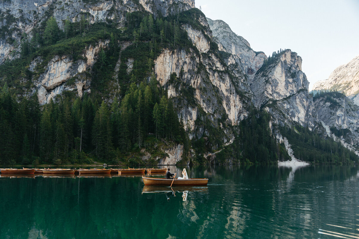 Scenic view of Lago di Braies docks surrounded by mountains