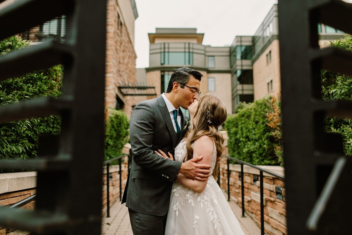 Bride and groom at the St. Julien Hotel on their wedding day in Boulder, CO.