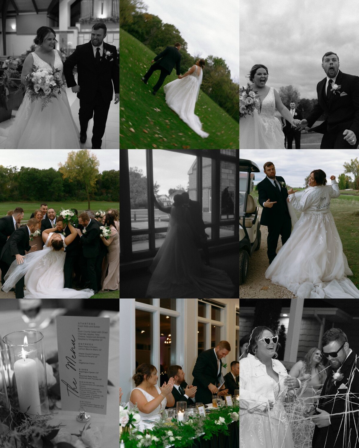 A candid, documentary-style gallery of a Wisconsin golf course wedding day, featuring elegant, emotional, and joyful moments — the bride and groom walking down the aisle, romantic portraits across the green, fun bridal party celebrations, heartfelt toasts during the reception, and a lively dance floor — captured in timeless, editorial-style wedding photography.
