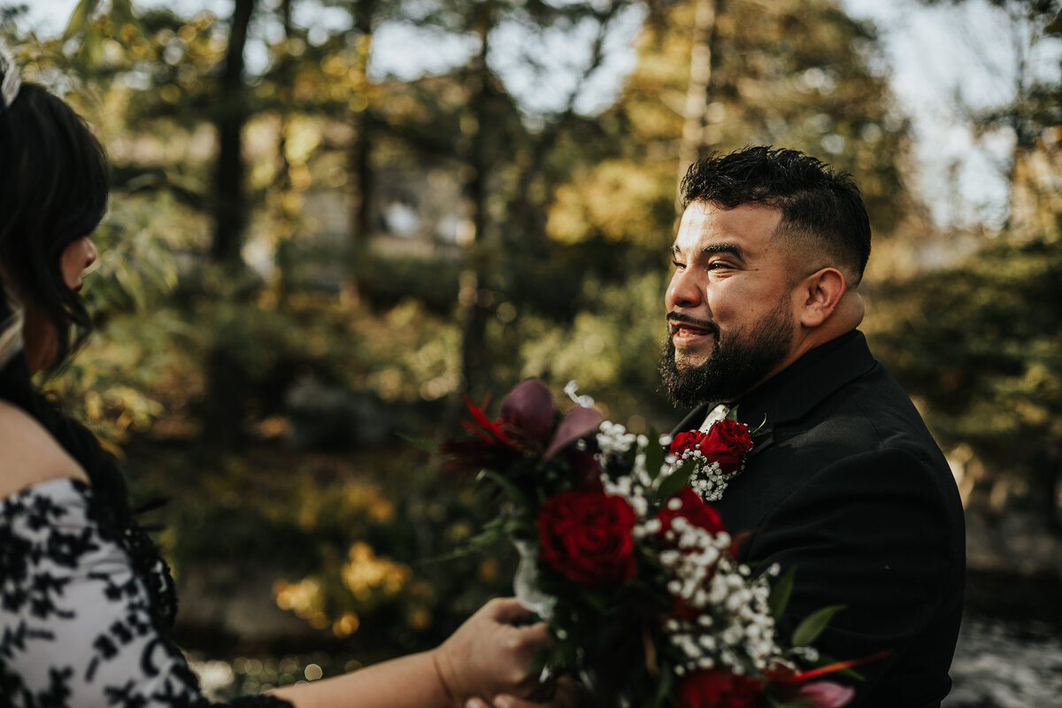 Halloween wedding first look at Lake Katherine in Palos Heights, IL