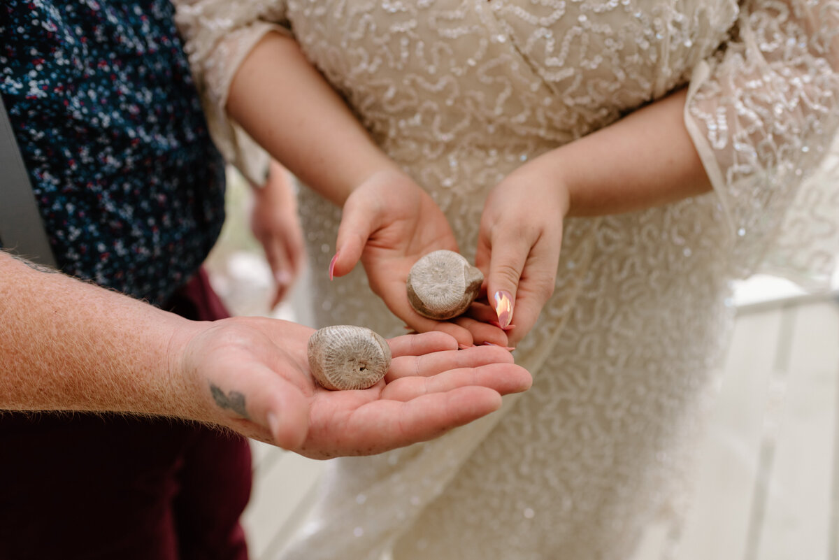 lake erie elopement bride and groom hold fossils that they exchanged