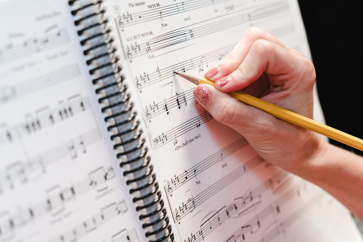 hands of a vocal coach  in a piano score