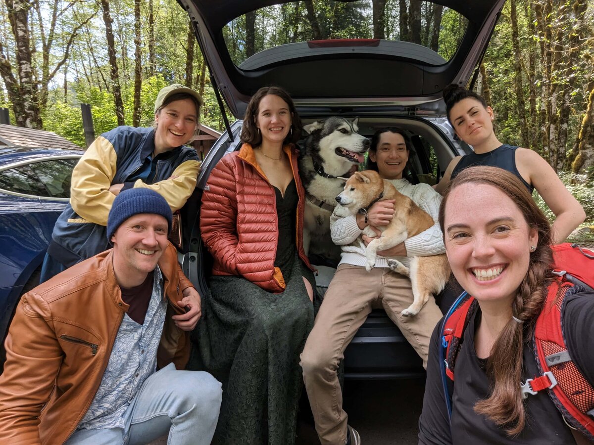 group of friends taking a selfie with Sage Trails after elopement