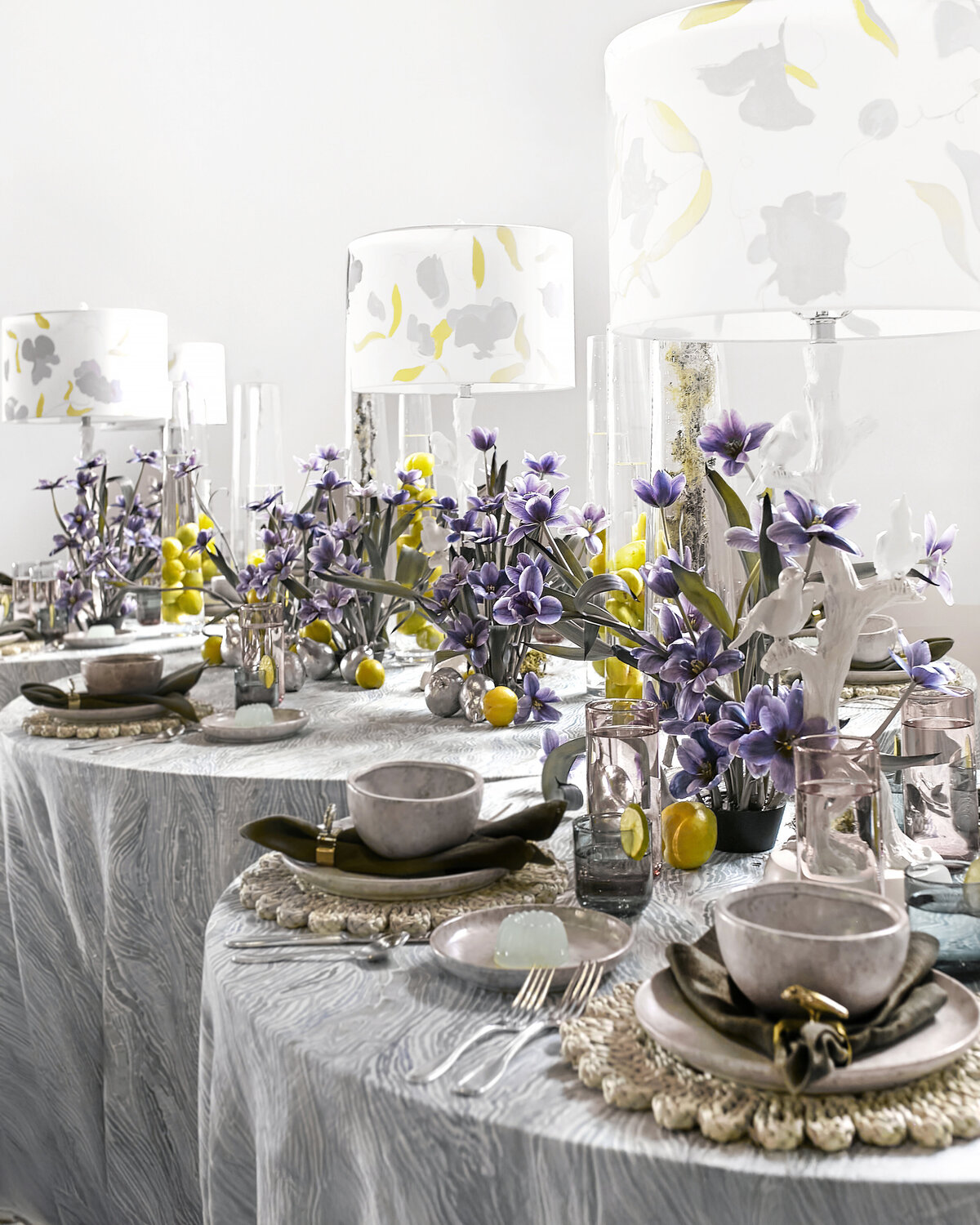 Custom tablescape feauring Kravet Favets, Accent Decor Table top, Hand Painted Shades