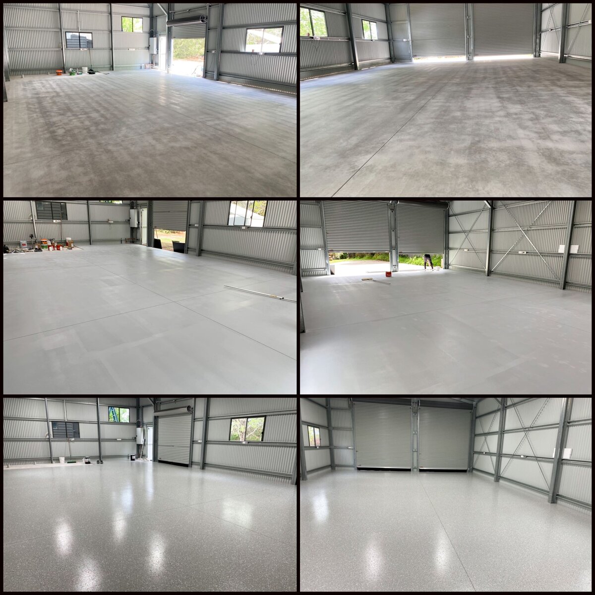 6 tiled images of stages of the epoxy flooring application to a industrial warehouse
