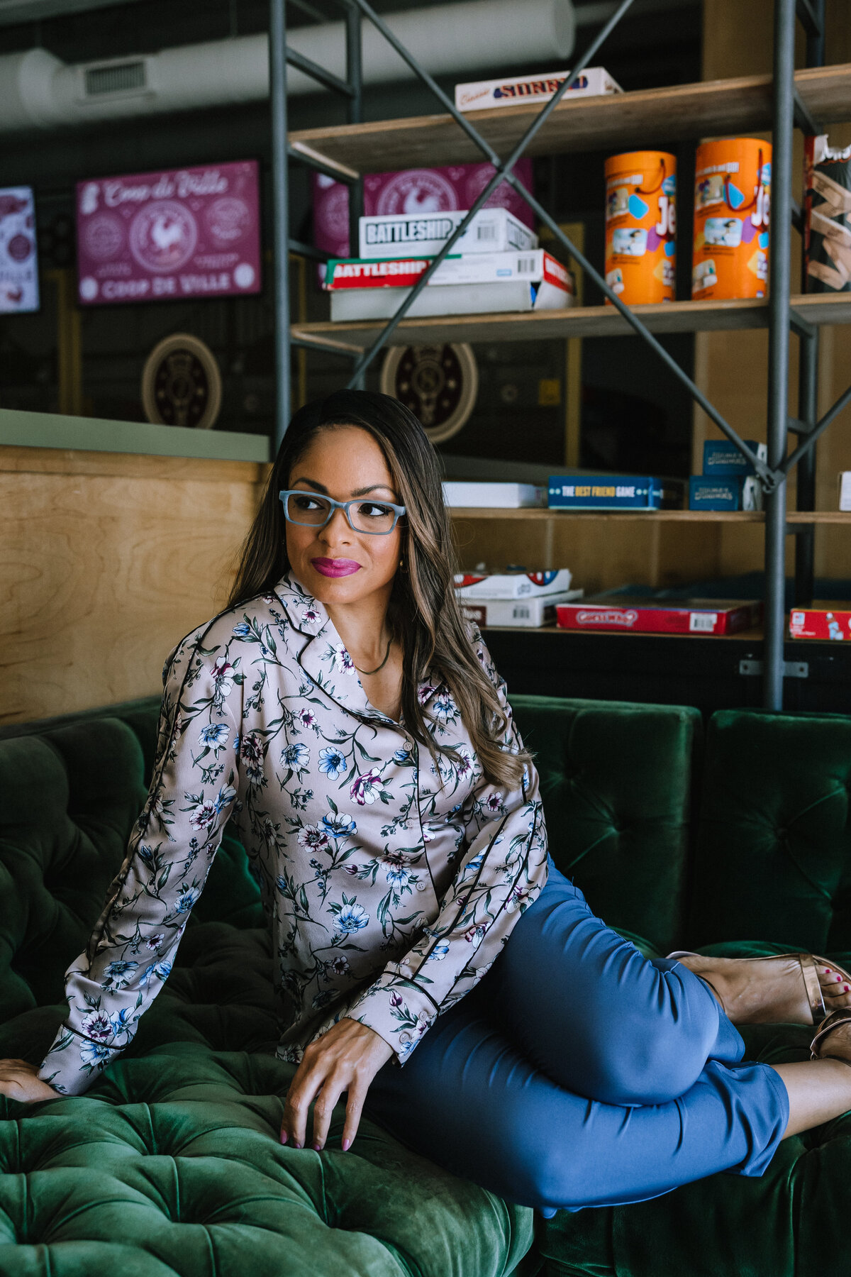 Woman wearing glasses for branding photos for North Point Eyewear of Pittsburgh. 