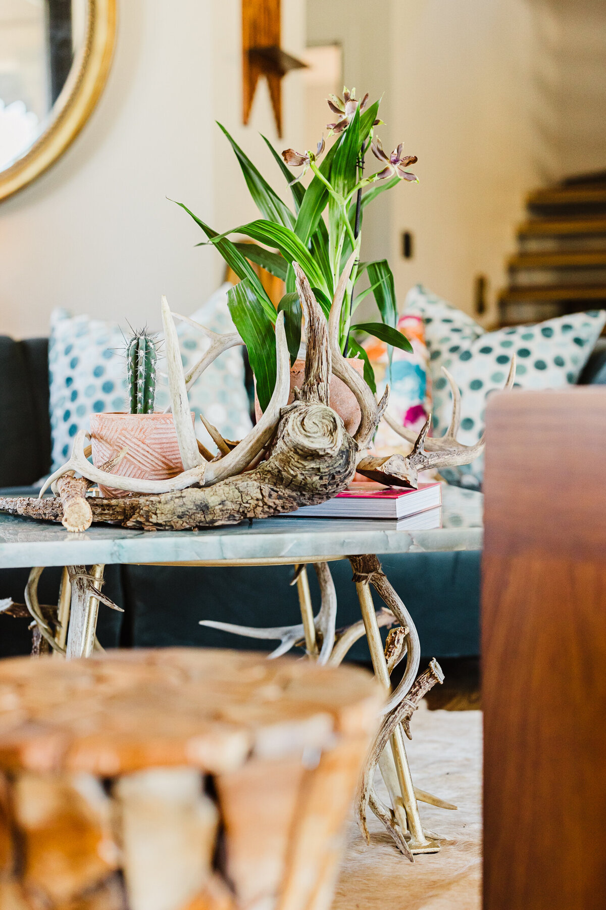close up of an arrangement on a coffee table