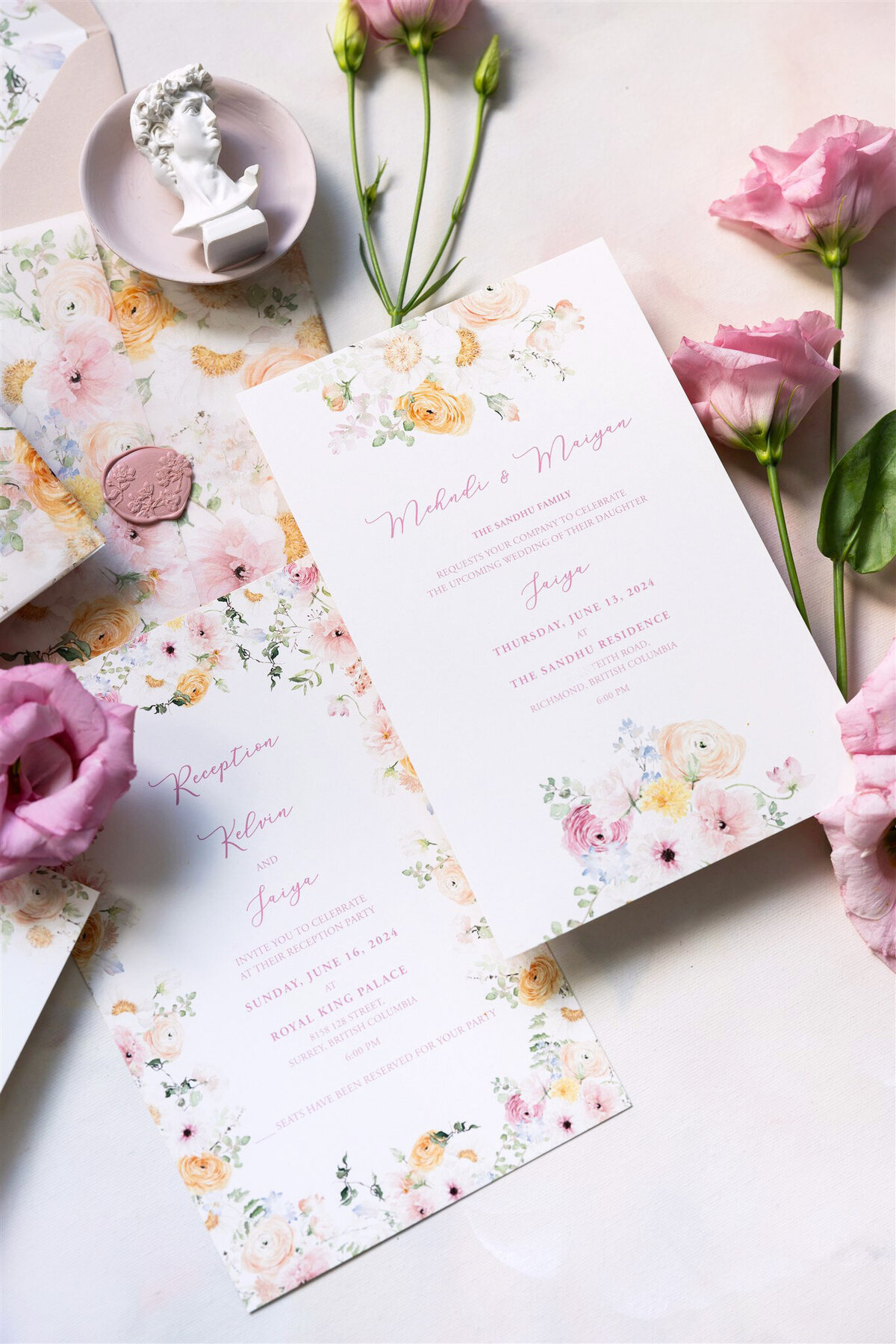 Pink & peach florals Sikh wedding invitation 4