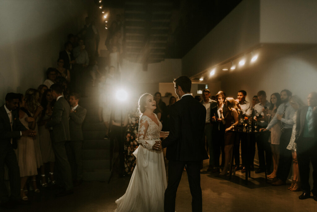 Reception at The Pioneer, a historical industrial wedding venue in Calgary, featured on the Brontë Bride Vendor Guide.
