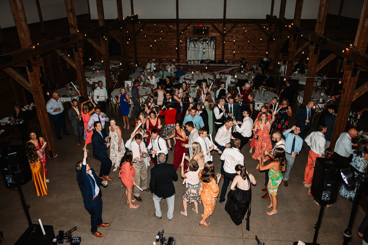 A look down onto a wild wedding reception with live band