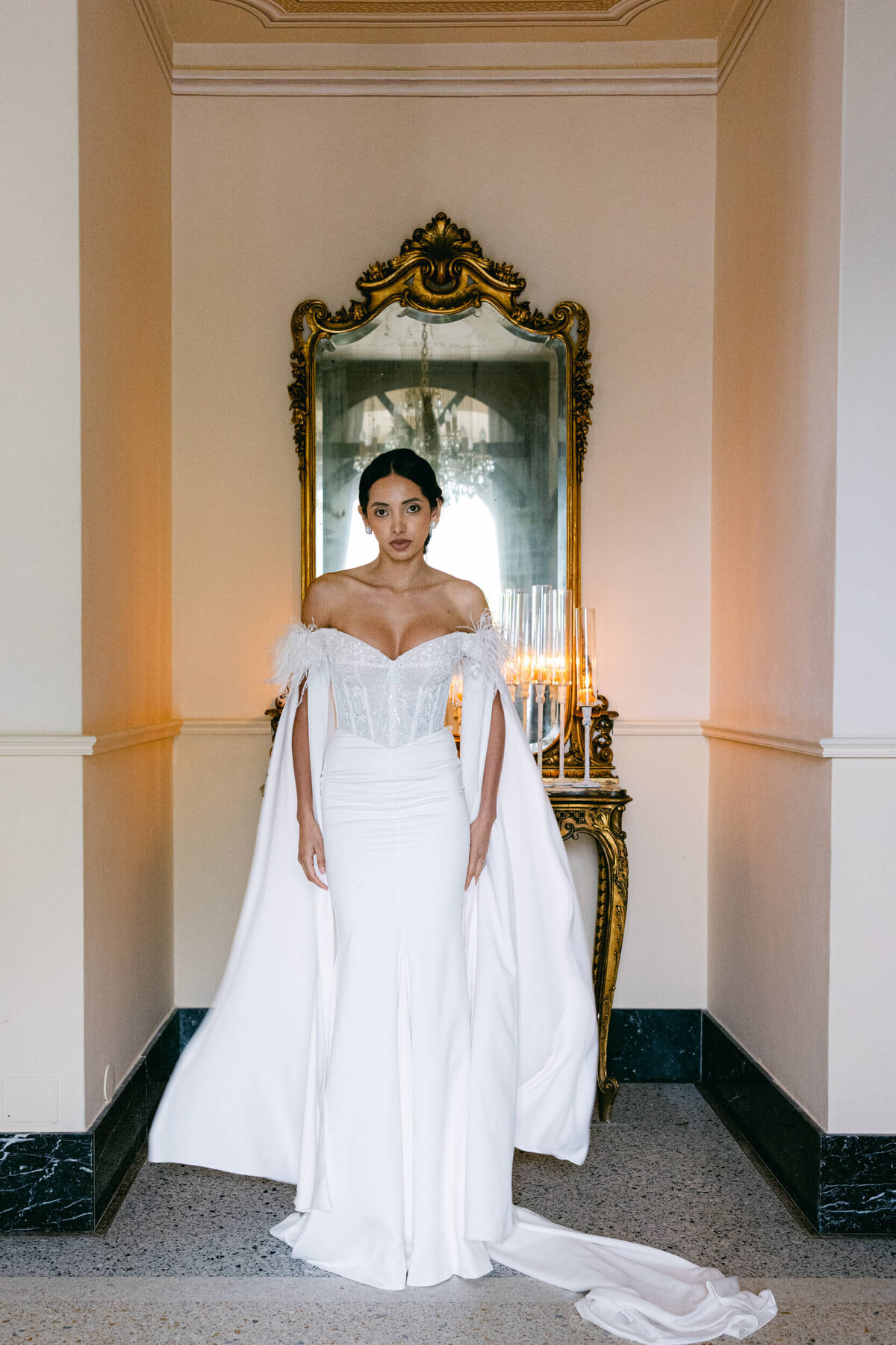 A wedding day bridal shot of a bride in her white dress at Villa Aura del Lago on lake como in Italy