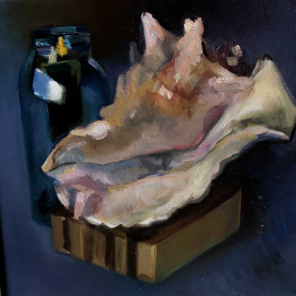 Still life oil painting of conch shell and blue bottle