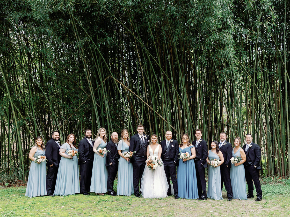 A full bridal party of groomsmen in back suits and bridesmaids in light blue dresses along with the bride and groom in front of a forrest of bamboo