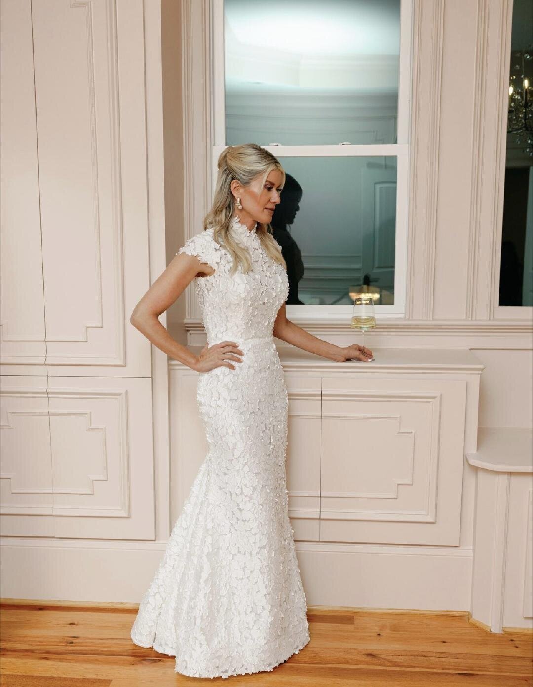 Stunning classic lace wedding dress for Kim's reception dinner. 