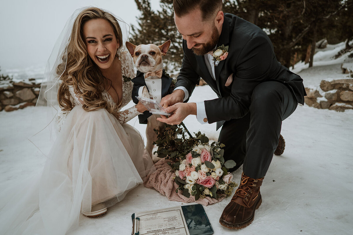 Bride and groom kneel beside dog holding marriage license at Sapphire Point elopement.
