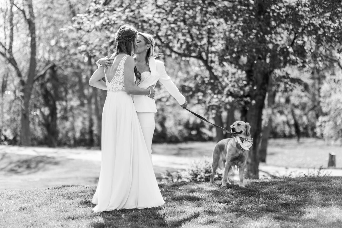 Dog with couple at their wedding outside