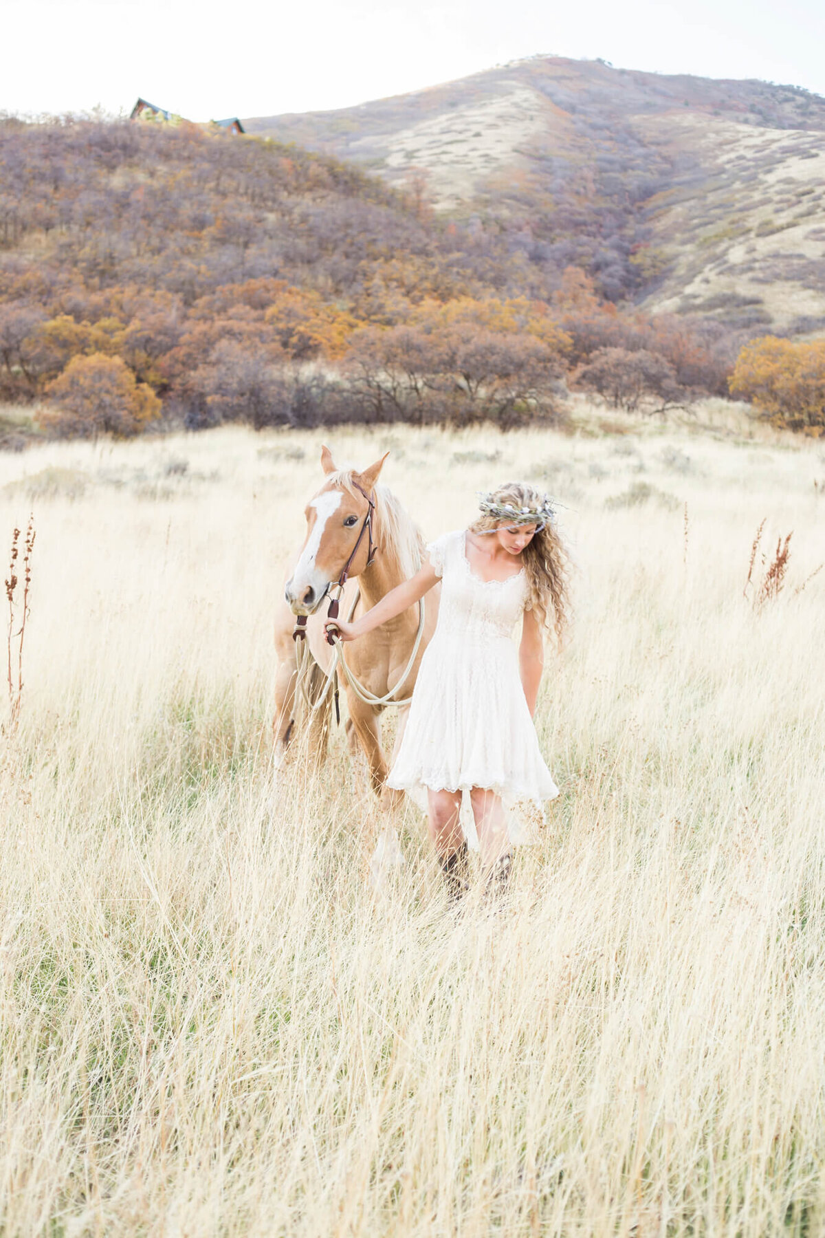 blonde curly haired senior girl in a white lace dress leading a horse through a tall grassy field during a session with las vegas milestone photographer