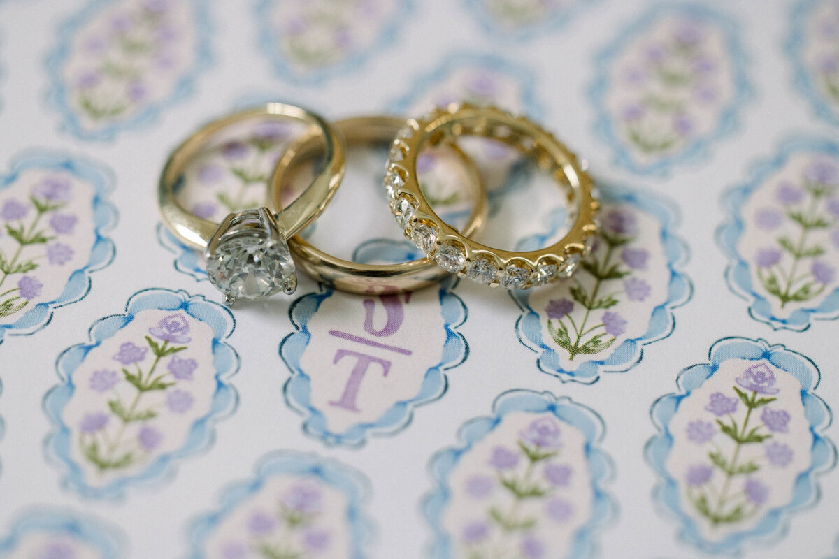 close up of rings on invitation