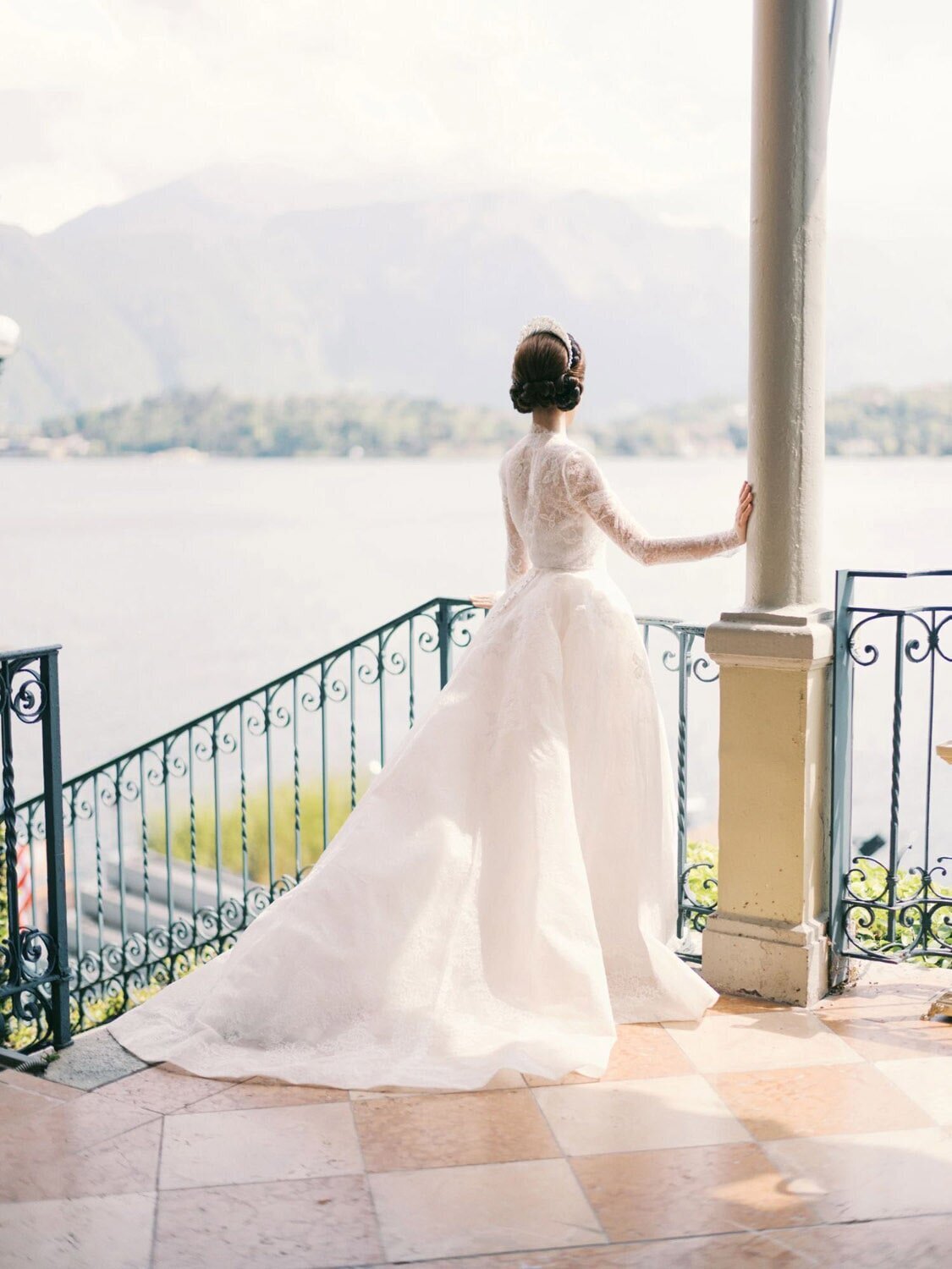 Bride during her Grand Hotel Tremezzo wedding in Monique Lhuillier  wedding dress, by Lake Como Wedding Photographer Andreas K. Georgiou