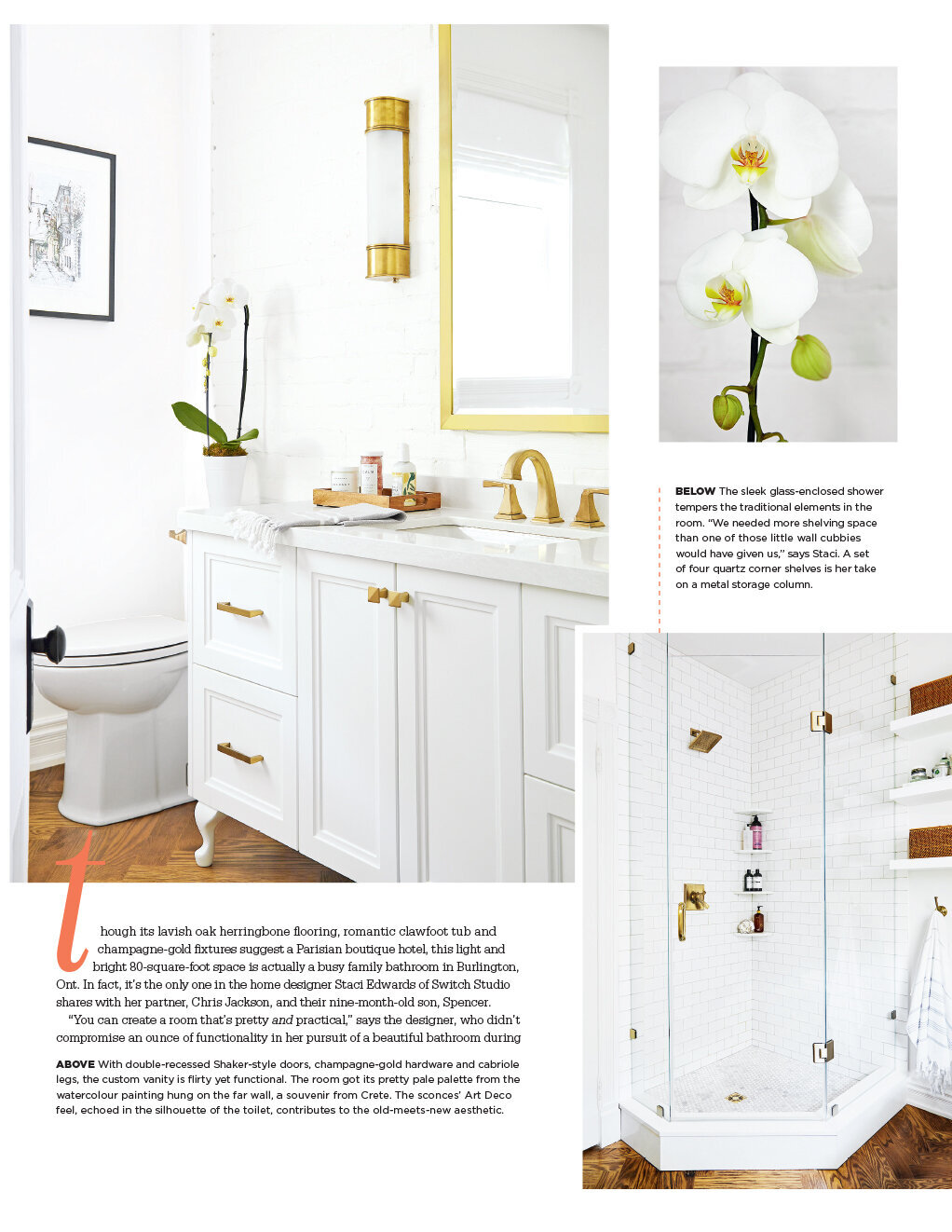 Burlington bathroom with white painted brick wall featured in Style At Home Magazine