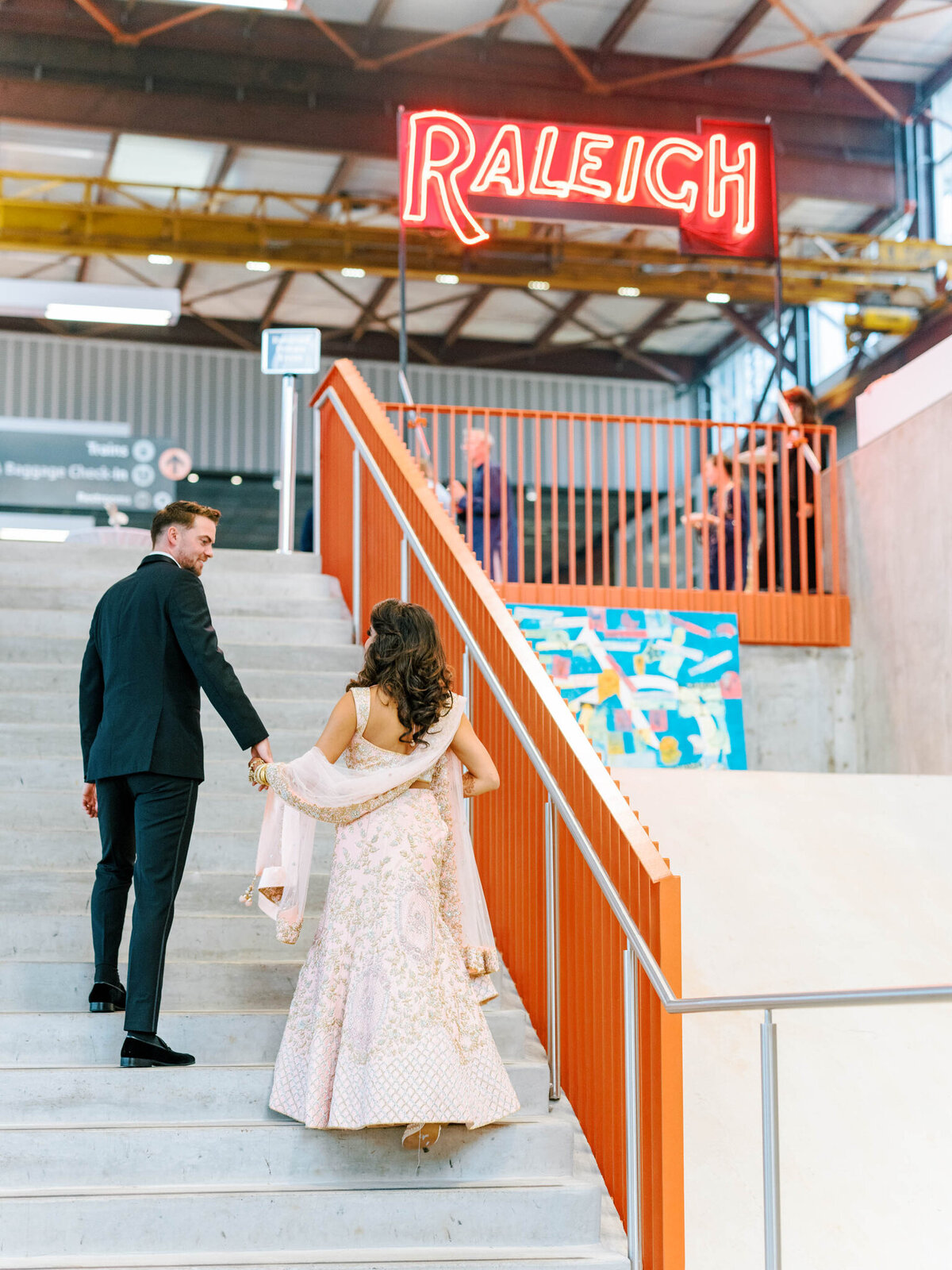 Shaoleen & Collin Reception Portraits - bride and groom walking up stairs