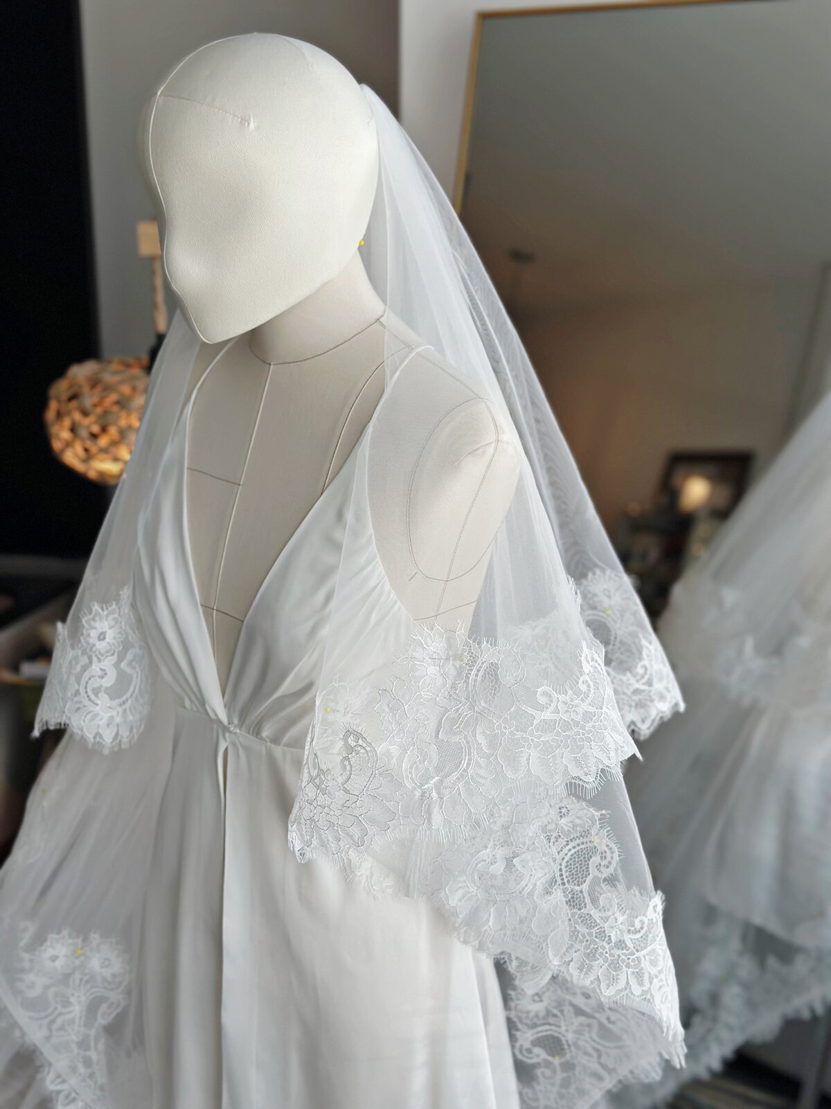 Classic bridal blusher veil with full lace edging
