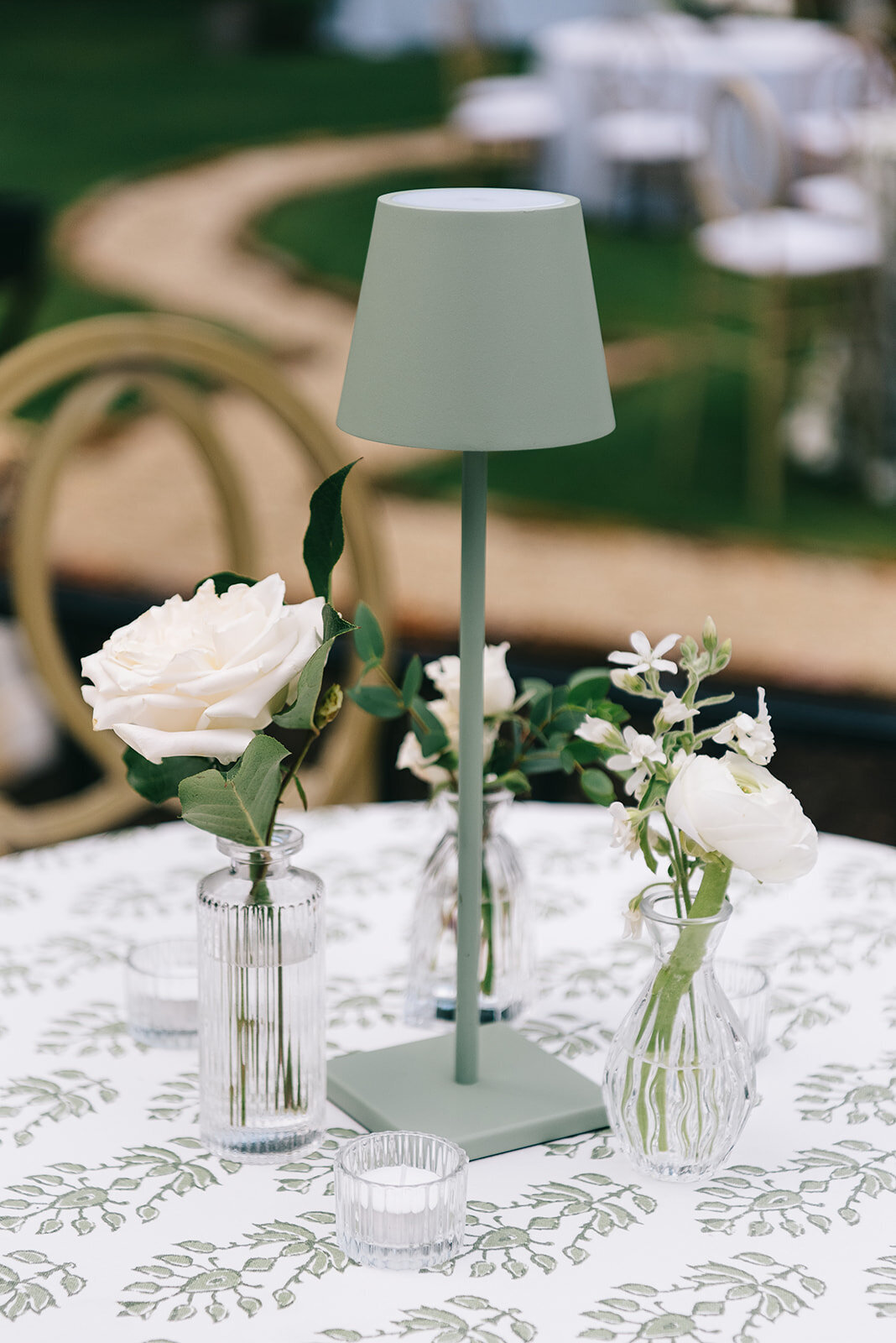 White and blue floral centerpieces designed by Abby Grace Florals at Greenville SC wedding