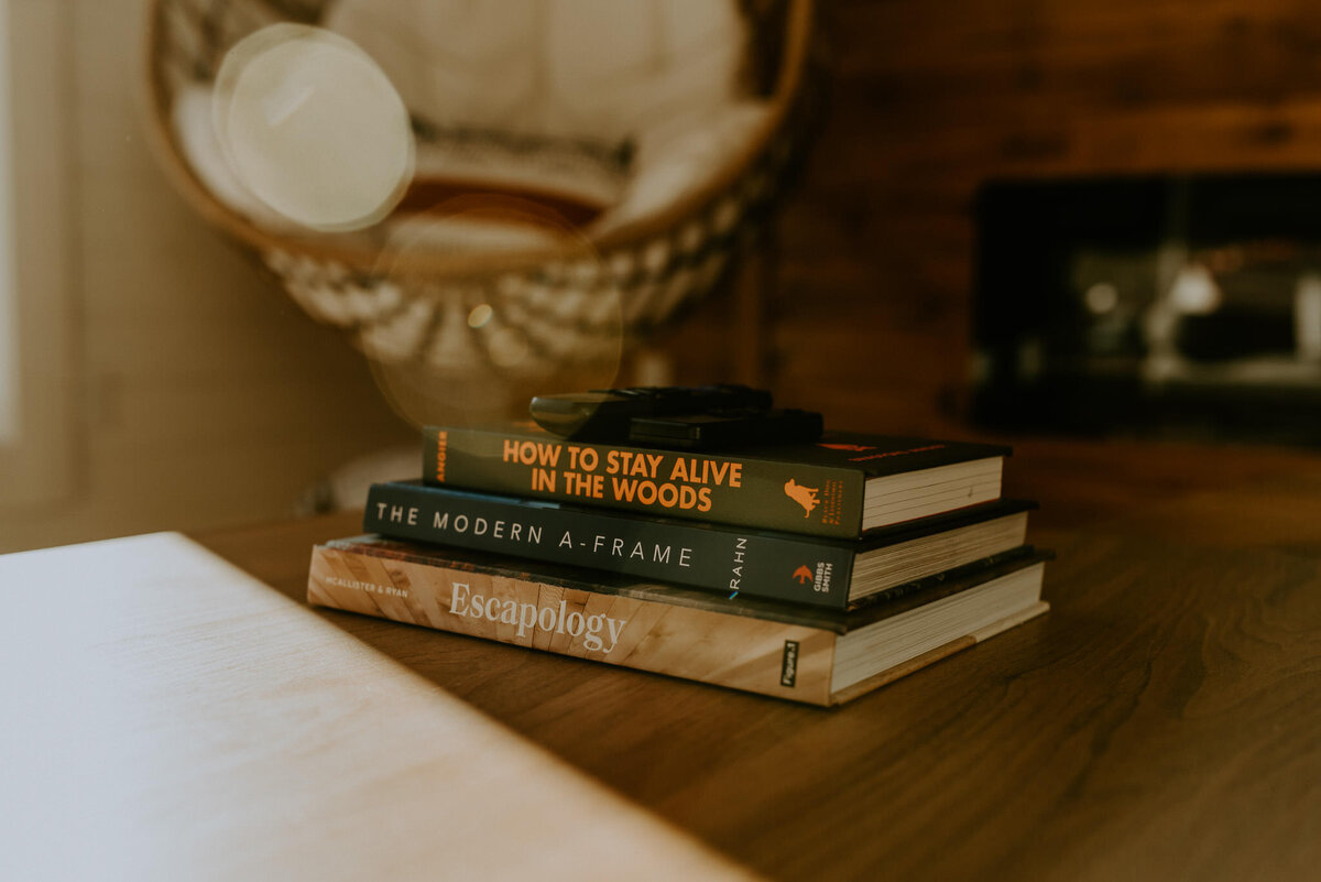 Stack of books inside of cabin.