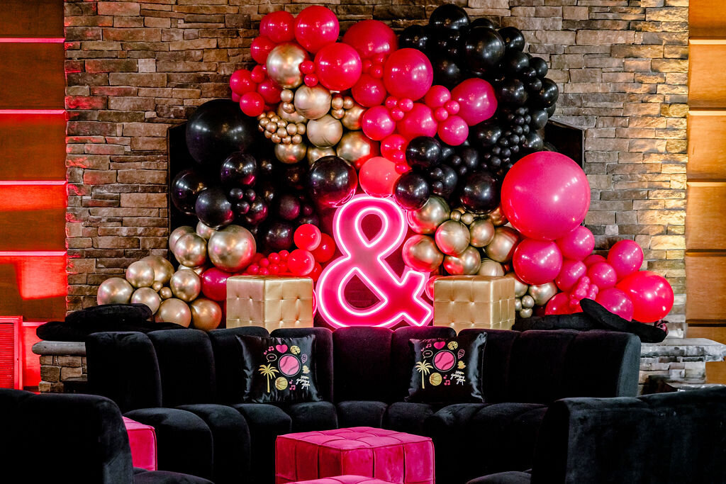 Design details from a luxury bat mitzvah event featuring custom signage and upscale decor in Warren, NJ.