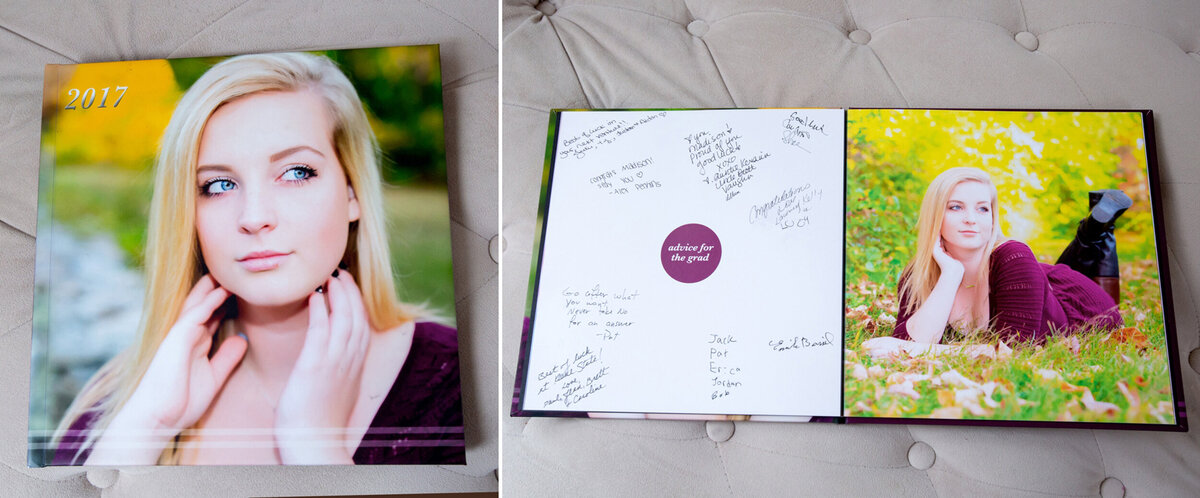 12 x 12 Album of a high school girl senior wearing a maroon dress, and an image of the inside of the album showing the signatures from friends, designed by a South Shore MA senior photographer