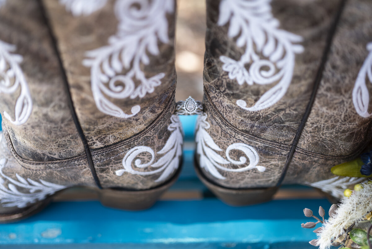 Eastern Colorado wedding with themed cowgirl boots with close ring shot