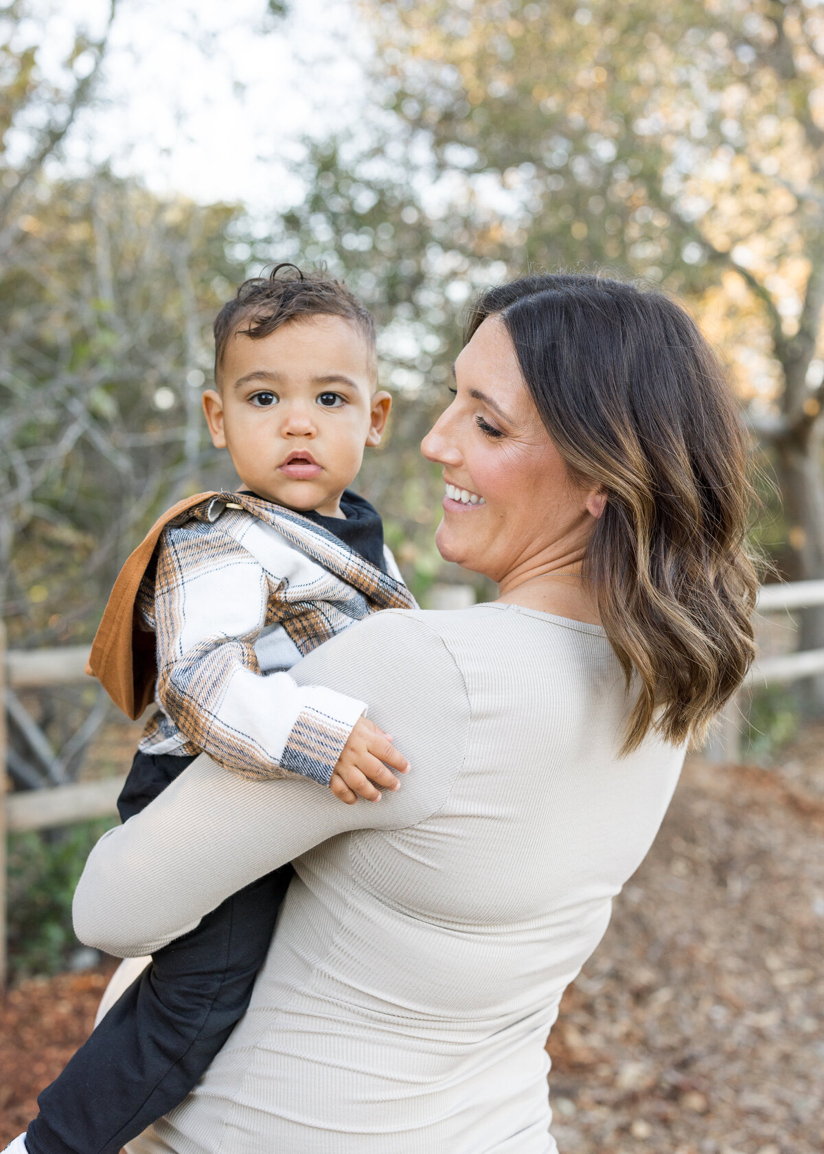 candid fall mom and son family photo