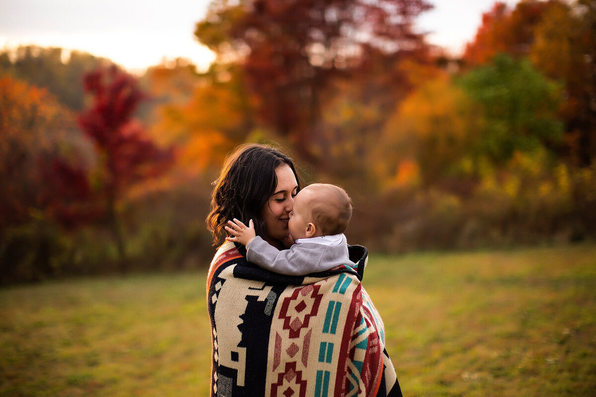 mother and son in a Fall field