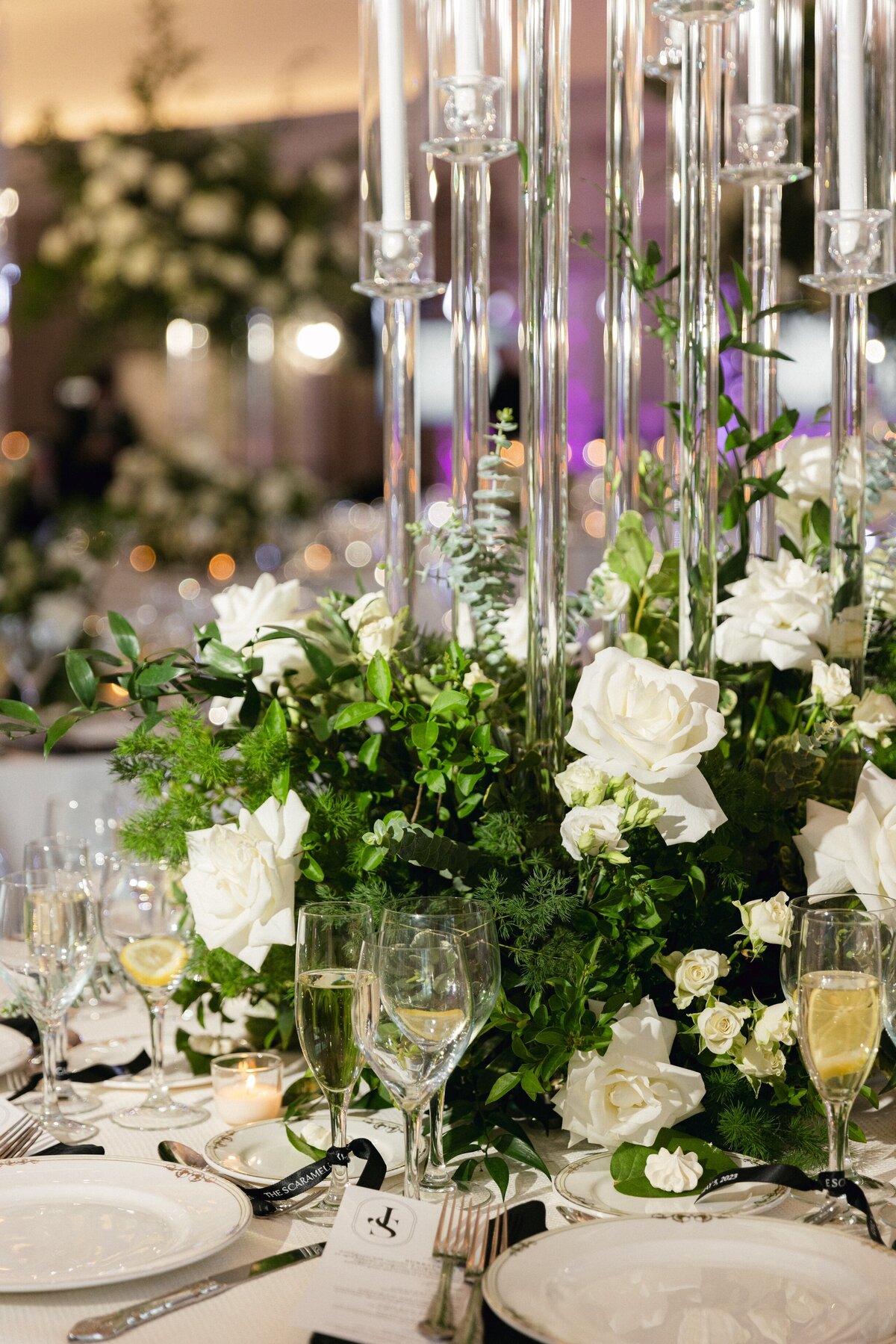 Tall floral centerpieces and draped tables at Park Château wedding reception in East Brunswick NJ
