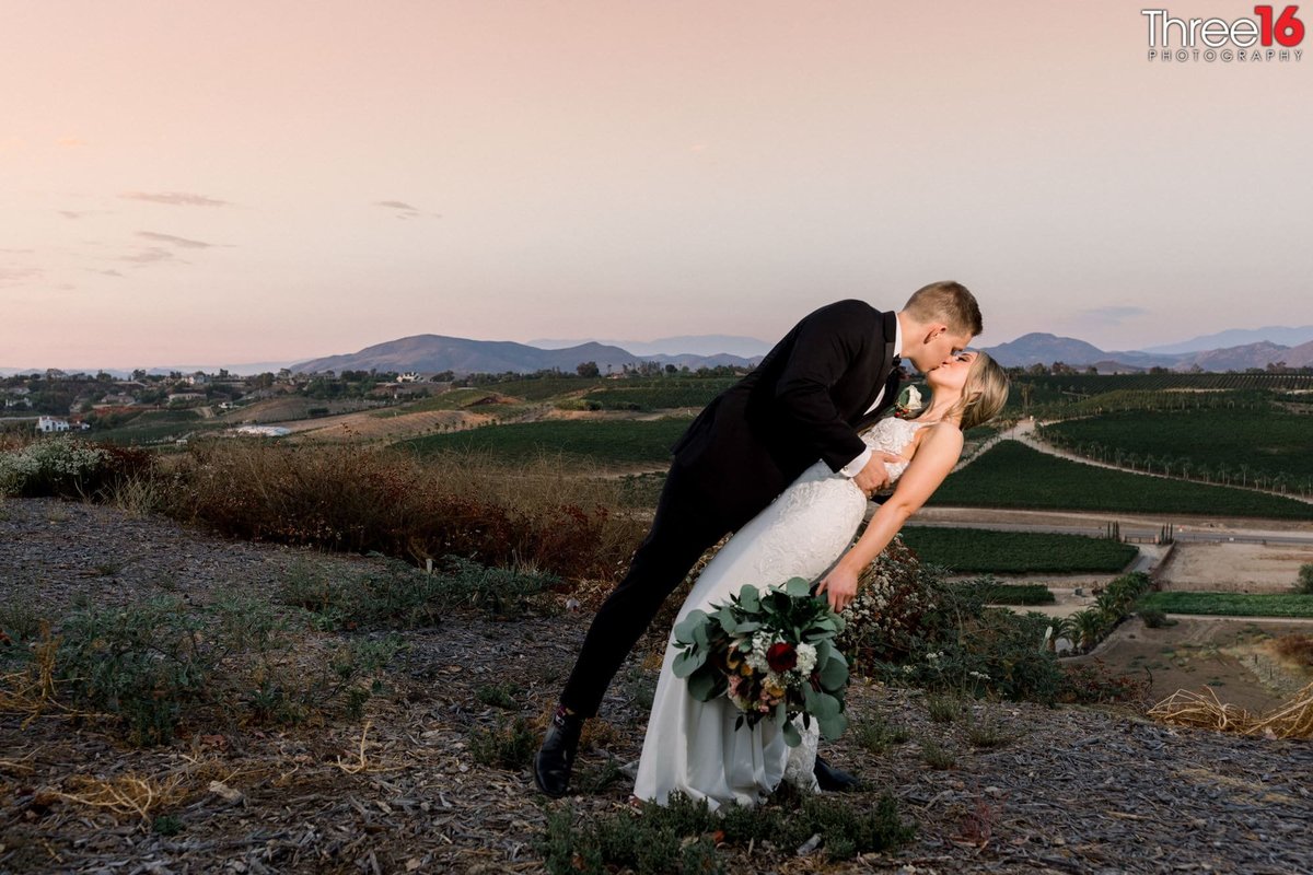 Groom steals a kiss from his Bride while he's dipping her