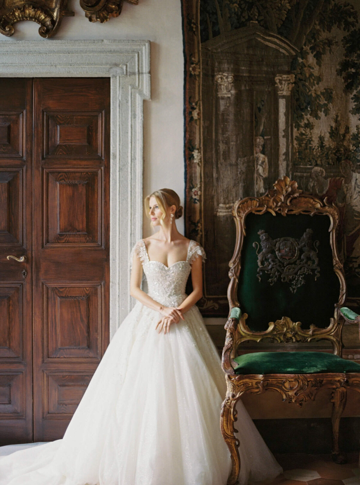 A wedding photo of a bride in her white wedding dress at Villa Balbiano on Lake Como in Italy